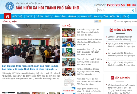 Giao diện của Cổng thông tin Bảo hiểm xã hội Thành phố Cần Thơ