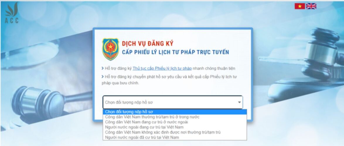 Bước 2 Chọn đối tượng nộp hồ sơ