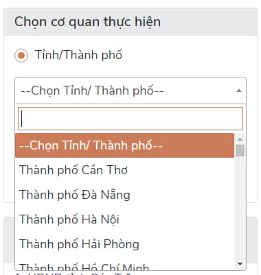 Bước 2: Chọn tỉnh/ thành phố thực hiện việc cấp Phiếu lý lịch tư pháp
